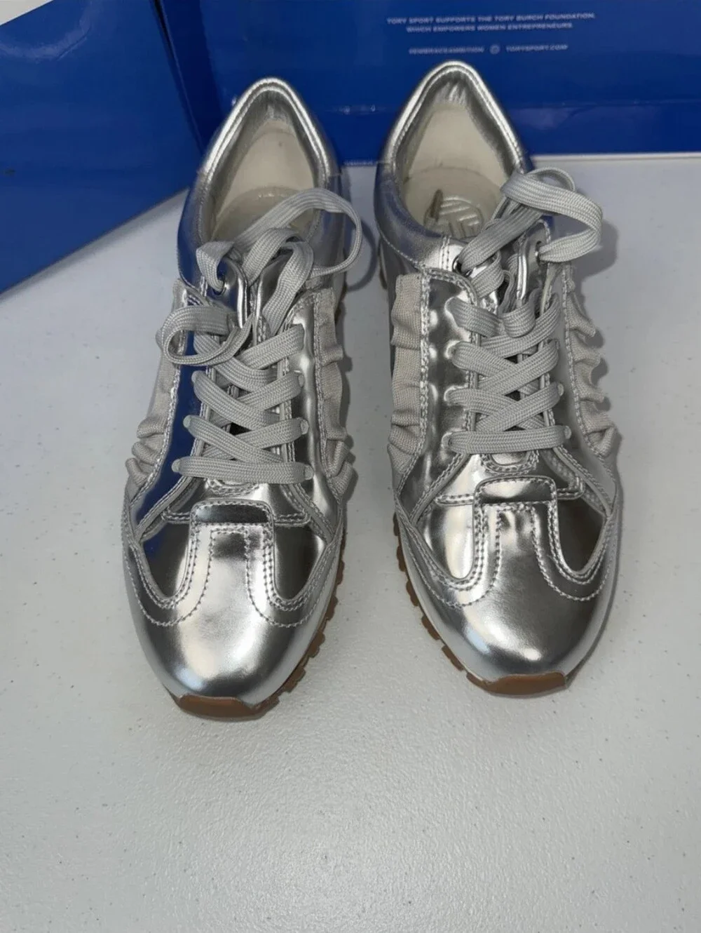 Tory Sport Metallic Silver Ruffle Trainer Sneakers Size 7.5